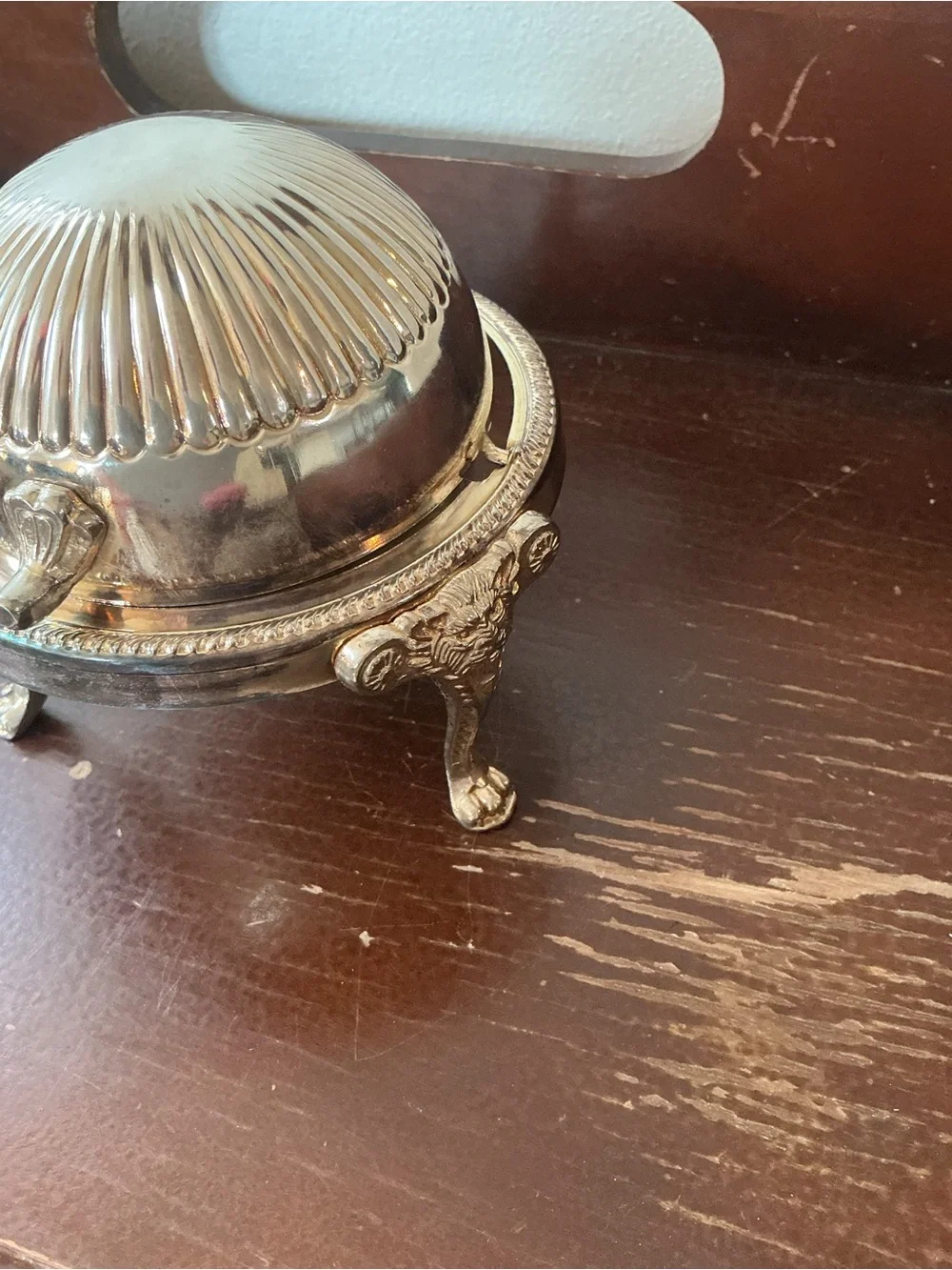 Vintage Silver Plate Roll Top Lid Caviar Butter Dish Server Lion Heads Claw Feet